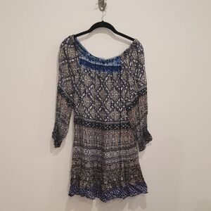 Eight Sixty Long Sleeve Elastic Boat Neck Boho Blue Patterned Women's Dress Larg